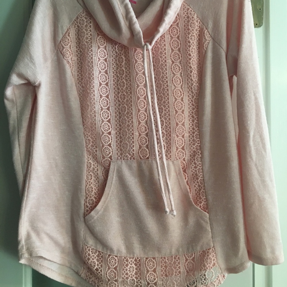 Blush pink lace detailed cowl-neck sweatshirt